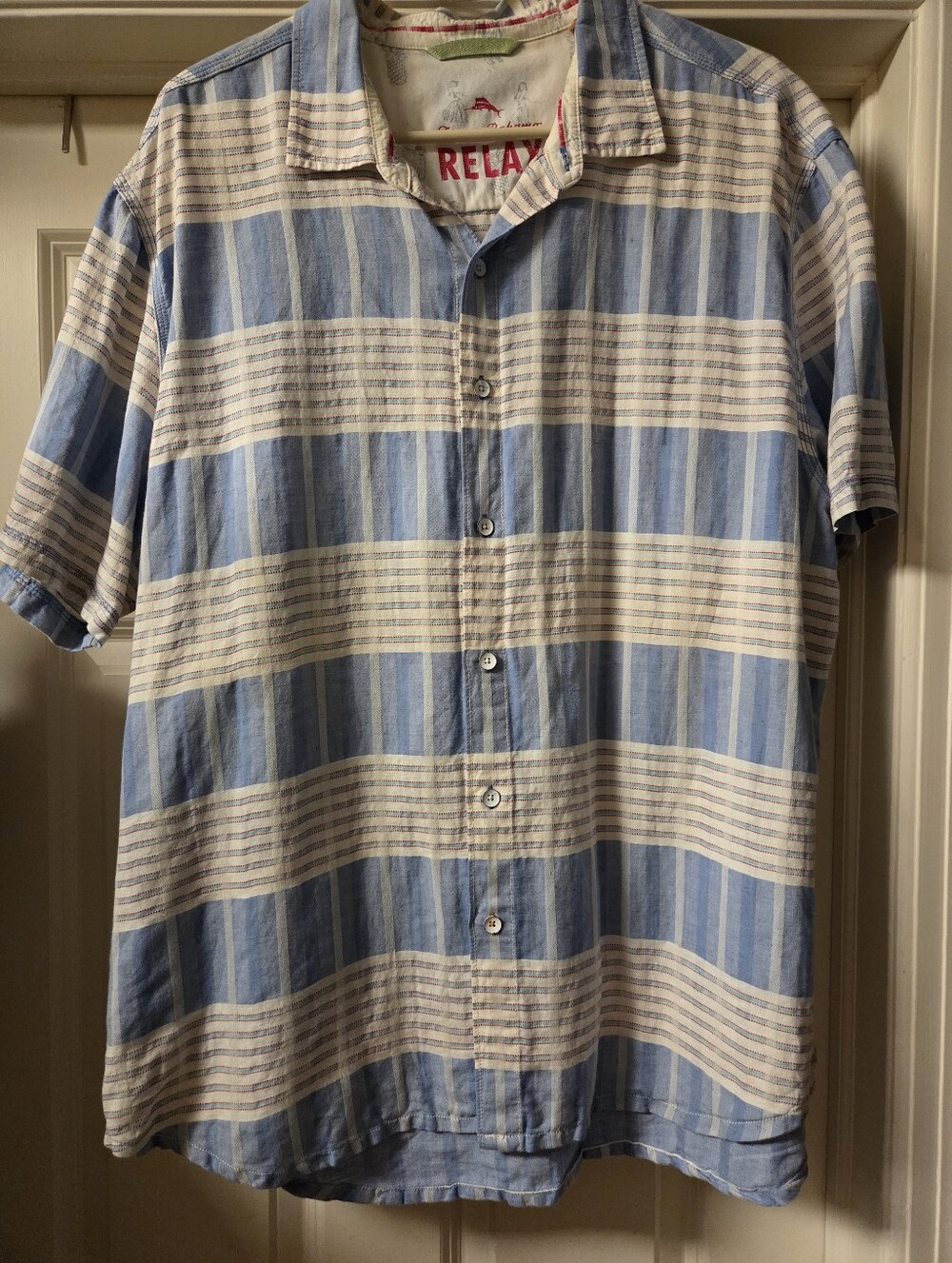 Tommy Bahama Blue W/White and Red Striped Short-Sleeve Button Down Camp Shirt-XL